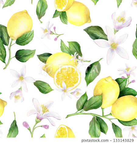 A seamless pattern with lemon branches, yellow lemon halves, flowers, and leaves. A juicy illustration of this tropical fruit. Hand-drawn with watercolors. 133143829