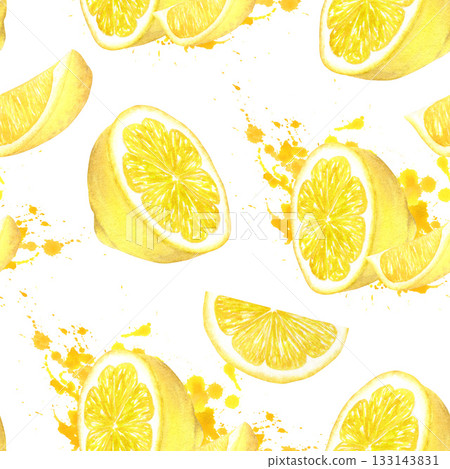 A seamless pattern with yellow lemon slices and halves and splashes of juice. A juicy illustration of this tropical fruit. Hand-drawn with watercolors. A seamless pattern with yellow lemon slices and halves and splashes of juice. A juicy illustration of this tropical fruit. Hand-drawn with watercolors. 133143831