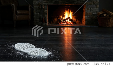 A distinct white snow footprint lays on a dark wooden floor in a cozy room, with a warm, crackling fireplace glowing brightly in the blurred background. 133144174