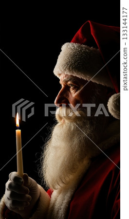 A senior man portraying Santa Claus, with a long white beard and red suit, holds a lit candle in a dramatic low-key profile shot against a deep black background. A senior man portraying Santa Claus, with a long white beard and red suit, holds a lit candle in a dramatic low-key profile shot against a deep black background. 133144177