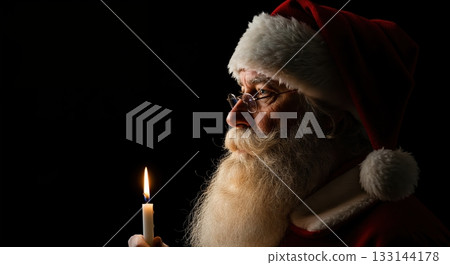An elderly man dressed as Santa Claus, wearing a festive red hat and round glasses, gazes thoughtfully at a lit white candle in a dramatic low-key profile shot. 133144178