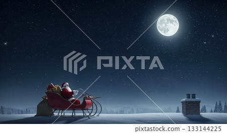 Santa Claus drives his red sleigh filled with golden gifts across a snowy rooftop under a bright full moon and starry night sky, with a chimney nearby. 133144225