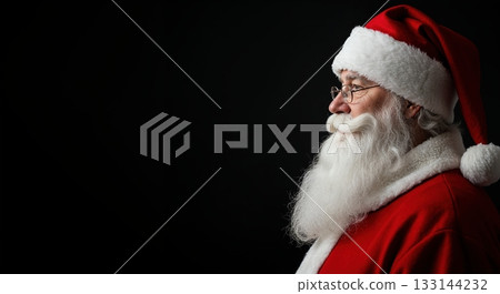 A vertical closeup of an elderly man dressed as Santa Claus, wearing a red hat and suit with a long white beard and glasses, looking thoughtfully to the right against a dark background. A vertical closeup of an elderly man dressed as Santa Claus, wearing a red hat and suit with a long white beard and glasses, looking thoughtfully to the right against a dark background. 133144232