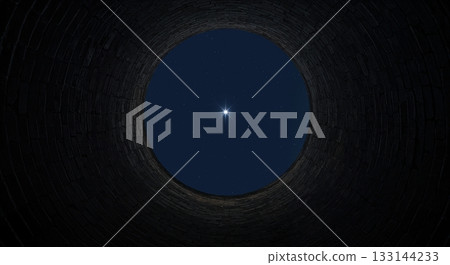 A narrow perspective from within a dark, textured brick tunnel looking up at a vast, star-filled night sky with a single bright celestial light. A narrow perspective from within a dark, textured brick tunnel looking up at a vast, star-filled night sky with a single bright celestial light. 133144233