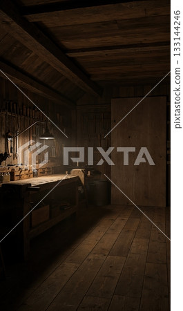 A dimly lit rustic wooden workshop features a sturdy workbench with tools organized on the wall, illuminated by a single warm hanging lamp creating strong shadows. 133144246