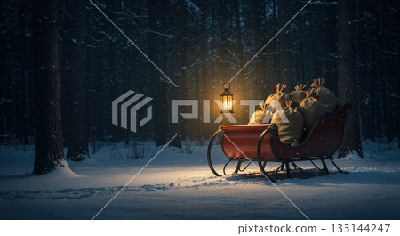 A festive red sleigh laden with numerous burlap gift sacks and a glowing lantern rests peacefully in a deep, snow-covered pine forest at night. 133144247