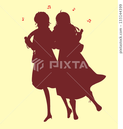 Two women going out, having fun, winter, silhouette Two women going out, having fun, winter, silhouette 133144399