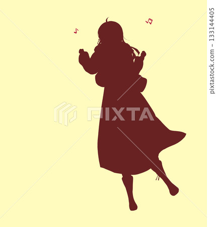 Woman going out, making fists with both hands, excited, long hair, winter, silhouette Woman going out, making fists with both hands, excited, long hair, winter, silhouette 133144405