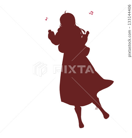 Woman going out, making fists with both hands, excited, long hair, winter, silhouette Woman going out, making fists with both hands, excited, long hair, winter, silhouette 133144406