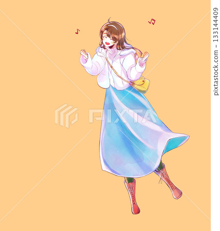 女人出門了,面帶微笑,雙手握拳,顯得很興奮,長髮披肩,冬天 女人出門了,面帶微笑,雙手握拳,顯得很興奮,長髮披肩,冬天 133144409