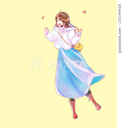 女人出門了,面帶微笑,雙手握拳,顯得很興奮,長髮披肩,冬天 女人出門了,面帶微笑,雙手握拳,顯得很興奮,長髮披肩,冬天 133144410