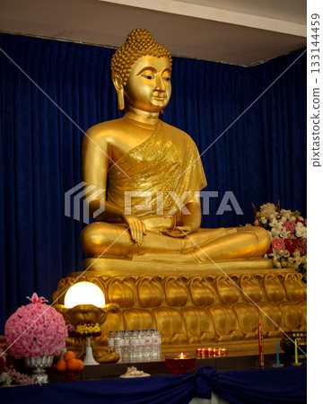Serene Buddha Statue Amid Colorful Shrine Decor For Meditation, Peace, And Spirituality Serene Buddha Statue Amid Colorful Shrine Decor For Meditation, Peace, And Spirituality 133144459