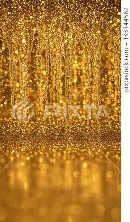 Golden glitter densely covers the top, with sparkling liquid streams dripping down a reflective surface, illuminated by warm, ethereal bokeh lights. Golden glitter densely covers the top, with sparkling liquid streams dripping down a reflective surface, illuminated by warm, ethereal bokeh lights. 133144562
