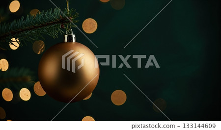 A matte gold Christmas ornament hangs elegantly from a green fir branch against a dark green background with soft, warm bokeh lights, offering ample copy space. 133144609