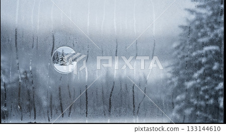 A frosty window covered in condensation with water streaks reveals a clear circular view of a serene winter landscape featuring snow-covered pine trees. 133144610