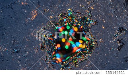A vibrant macro view captures colorful bokeh lights vividly reflected in a dark, textured liquid surface, creating an abstract and mesmerizing iridescent pattern. 133144611