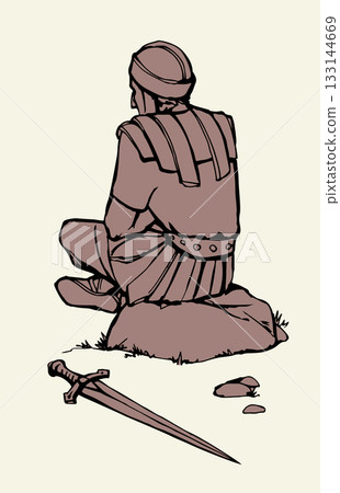 Vector drawing. Old roman Soldier resting on the stone 133144669