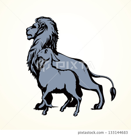 Vector drawing. Lion and lamb walks together 133144683