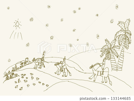 Camel caravan travels. Vector drawing 133144685
