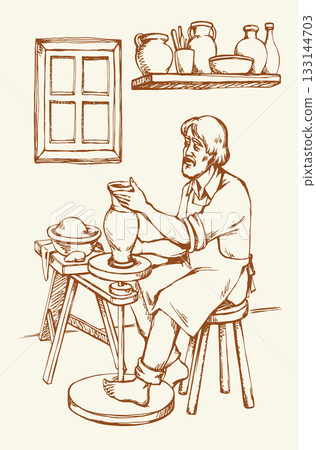 Vector drawing. Potter makes a jug Vector drawing. Potter makes a jug 133144703
