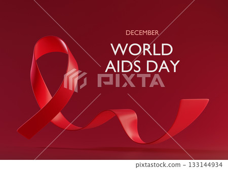 Global World AIDS Day. World AIDS awareness. 3d Red ribbon Awareness, disease prevention and community solidarity against AIDS. Background Horizontal Web Banner. 3d render 133144934