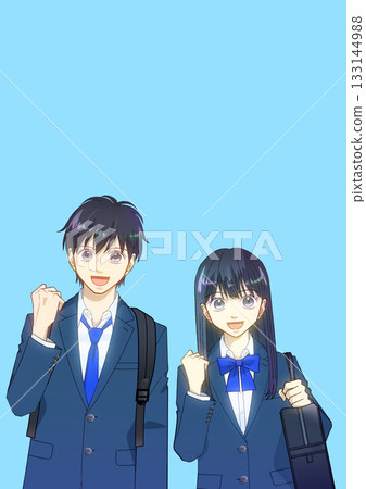 Anime-style illustration of male and female high school or junior high school students carrying backpacks and school bags 133144988