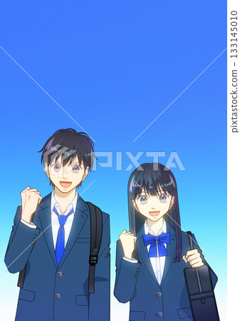 動漫風格的插圖，描繪了背著背包和書包的高中或初中男女學生。 133145010