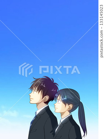 動漫風格的插畫，描繪了一男一女學生或上班族抬頭仰望藍天。 133145023