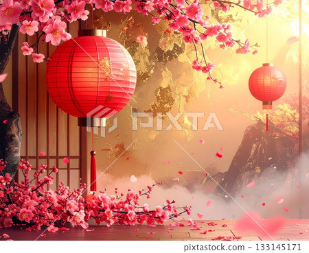 金色折疊屏風上日式飾品的背景素材 133145171