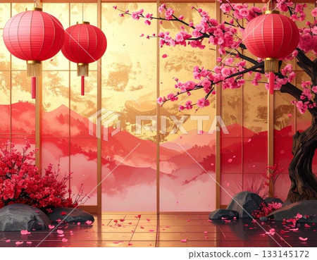 Background material of Japanese-style accessories on a gold folding screen 133145172