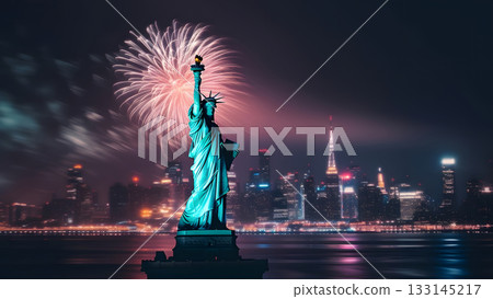 Manhattan panoramic skyline with fireworks at night with Statue of Liberty in foreground. Neural network generated photorealistic image Manhattan panoramic skyline with fireworks at night with Statue of Liberty in foreground. Neural network generated photorealistic image 133145217