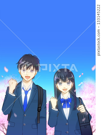 Anime-style illustration of male and female high school or junior high school students carrying backpacks and school bags against the backdrop of cherry blossoms in full bloom 133145222