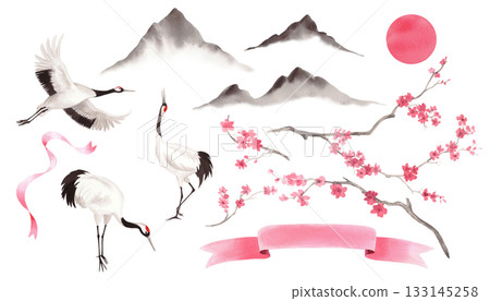 Cranes and sakura. Watercolor handmade collection of cranes, sakura, ribbons, mountains and sun. Delicate illustrations for fabric, wallpaper, greeting cards, design, decoration and illustration. 133145258