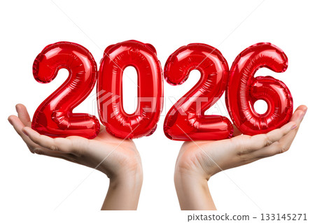 Hands holding set of shiny red foil number balloons for 2026, celebrating happy new year Hands holding set of shiny red foil number balloons for 2026, celebrating happy new year 133145271