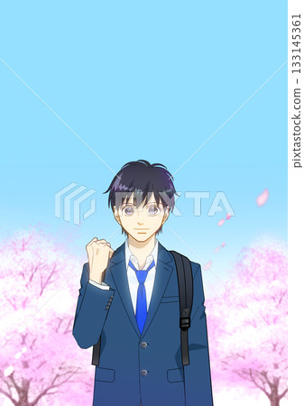 動漫風格的插畫，描繪了一位背著書包的高中或初中男生，背景是盛開的櫻花。 133145361