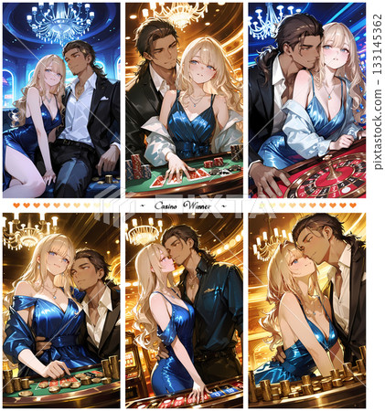 A couple who won at the casino. A set of 6 anime-style AI illustrations that can also be used as thumbnails for vertical videos. A couple who won at the casino. A set of 6 anime-style AI illustrations that can also be used as thumbnails for vertical videos. 133145362