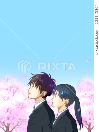 一幅動漫風格的插畫,描繪了一位男性或女性學生或上班族抬頭仰望藍天,背景中櫻花盛開。 一幅動漫風格的插畫,描繪了一位男性或女性學生或上班族抬頭仰望藍天,背景中櫻花盛開。 133145364
