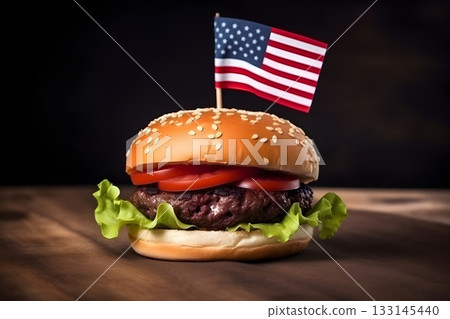 hamburger with small american flag on it, dark background, US patriotic proud theme, neural network generated image 133145440