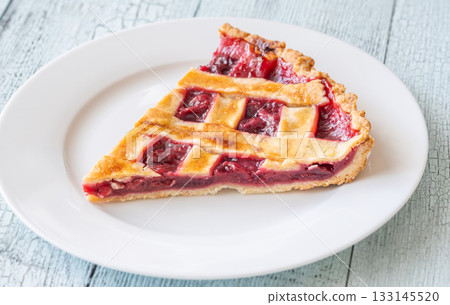 Wedge of freshly baked lattice-top cherry pie served on white plate 133145520