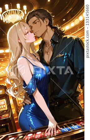 一對雄心勃勃的夫婦在賭場賭博。動漫風格的AI插圖，也可作為垂直螢幕影片的縮圖。 133145660