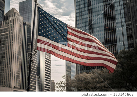 The flag of the United States in front of the skyscrappers in generic US downtown district at daytime, neural network generated image 133145662