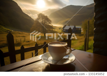coffee cup on wooden table in front of small valley cloudy spring morning in Scotland, neural network generated photorealistic image coffee cup on wooden table in front of small valley cloudy spring morning in Scotland, neural network generated photorealistic image 133145852