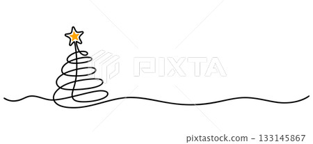 Continuous Line Art Drawing of Christmas Tree With Star 133145867