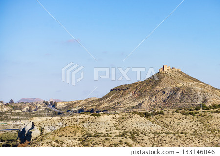 Castle on hill, Tabernas desert, Spain 133146046