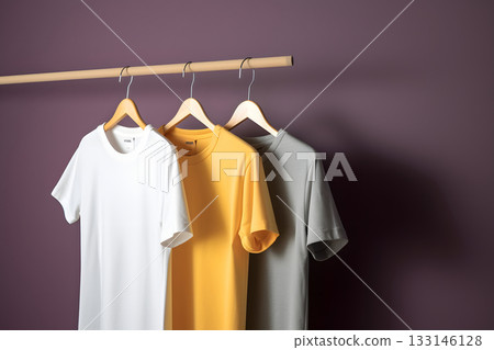 Hangers with blank monocolor t-shirts on purple background, neural network generated image Hangers with blank monocolor t-shirts on purple background, neural network generated image 133146128