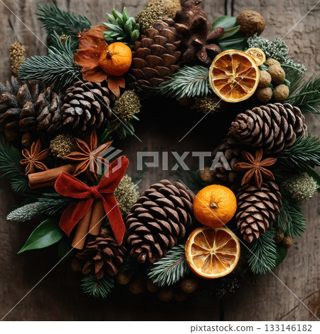 A richly textured rustic wreath is decorated with pinecones, oranges, spices, evergreen branches, and a velvet bow 133146182