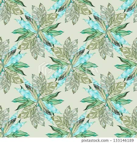 Watercolor tropical leaf seamless pattern with exotic foliage. Soft green and blue leaves create a fresh botanical design for fabric, wrapping paper, wallpaper, stationery and surface design projects. Watercolor tropical leaf seamless pattern with exotic foliage. Soft green and blue leaves create a fresh botanical design for fabric, wrapping paper, wallpaper, stationery and surface design projects. 133146189