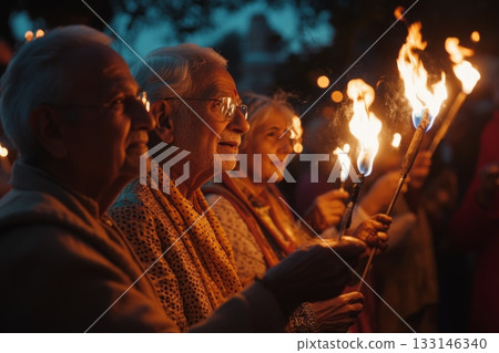 Elderly individuals participating in a night ceremony holding torches. The warm glow symbolizes hope and tradition. Unity among generations is celebrated. Generative AI Elderly individuals participating in a night ceremony holding torches. The warm glow symbolizes hope and tradition. Unity among generations is celebrated. Generative AI 133146340