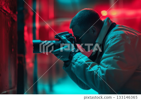 A photographer captures the essence of urban life through his camera. The vibrant colors create a unique atmosphere. Creating moments with passion. Generative AI 133146365