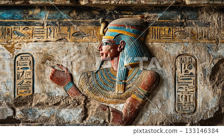 Explore the beauty of ancient Egypt through this stunning mural. This artwork depicts a pharaoh in intricate detail and vibrant colors. Generative AI Explore the beauty of ancient Egypt through this stunning mural. This artwork depicts a pharaoh in intricate detail and vibrant colors. Generative AI 133146384